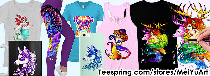 Mei Yu's apparel store on Teespring, showcasing her art-featured merchandise and 
					products.